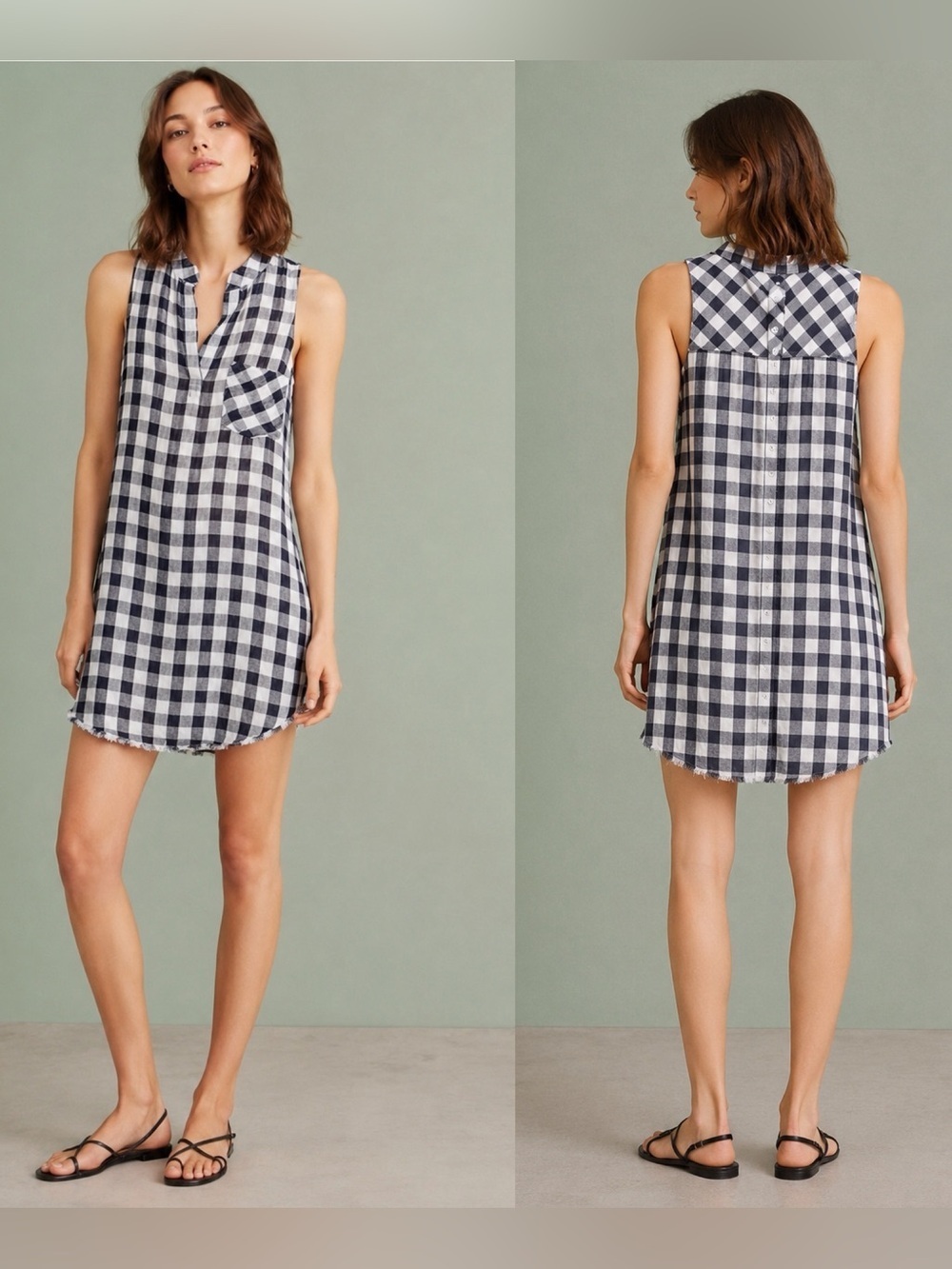 Anthropologie Cloth & Stone Maroney Navy & White Gingham Shirt Dress Size Medium